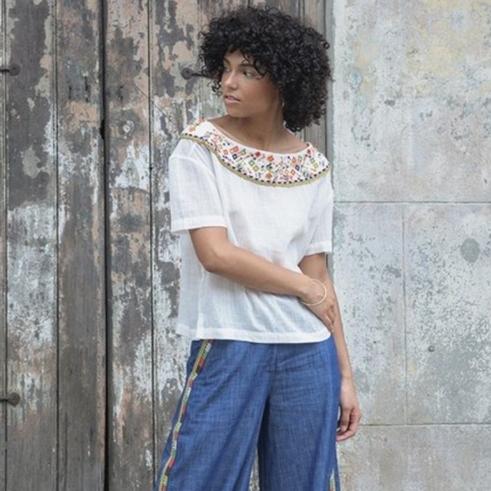 Souk Indigo Maya Embroidered Gauze Blouse Wht Size Medium